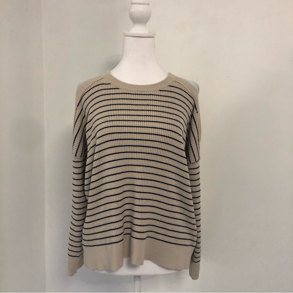 LUCKY BRAND Women Striped Crewneck Cold Shoulder Ribbed Knit Sweater Sz XL